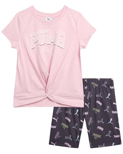 Image of PUMA Girls' Biker Short Set - 2 Piece Short Sleeve Crewneck Graphic Tee Shirt and Bike Shorts for Girls (Sizes: 7-14)