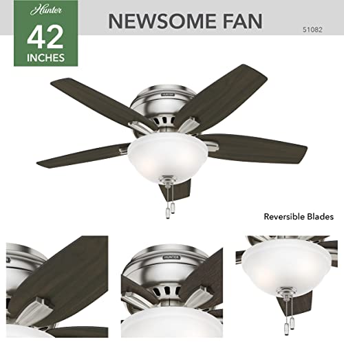 Hunter Fan Company, 51082, 42 Inch Newsome Brushed Nickel Low Profile Ceiling Fan With Led Light Kit And Pull Chain #TOP1