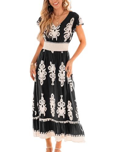Image of CUPSHE Women's Summer Midi Dress V Neck Ruffle Short Sleeve Smocked Waist Dress