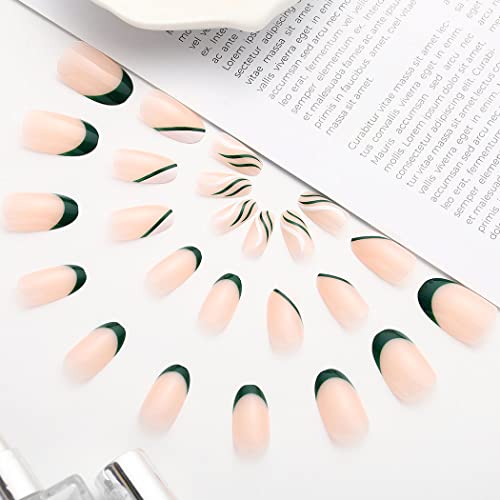 Aksod Glossy Almond Press On Nails Short Green French Fake Nails Tips Designed Oval Cute Full Cover Artificial False Nails Sets For Women And Girls 24Pcs (Style A) #TOP1