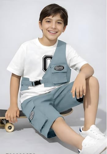 Image of Kids Boys 3-Piece Outfit Set | Half Sleeve T-Shirt, Utility Vest & Cargo Shorts with Cap | Stylish Casual Summer Clothing Set for Boys