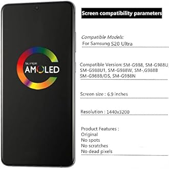 6.9" Original AMOLED Samsung Galaxy S20 Ultra LCD Screen Replacement S20 Ultra 5G G988 G988U G988BU1, G988W G988B/DS Touch Screen Display Digitizer (with Gray Frame)