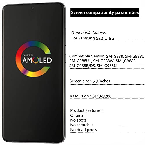 6.9" Original AMOLED Samsung Galaxy S20 Ultra LCD Screen Replacement S20 Ultra 5G G988 G988U G988BU1, G988W G988B/DS Touch Screen Display Digitizer (with Gray Frame)