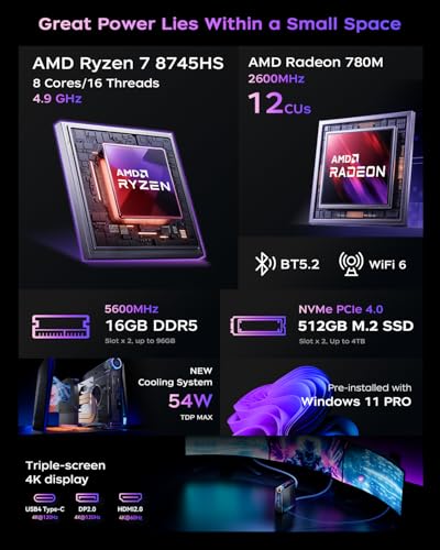Image of ACEMAGICIAN S3A Mini PC, Ryzen 7 8745HS(up to 4.9GHz), 16GB DDR5 5600MHz 512GB NVMe SSD Computers with Radeon 780M, Light Gaming PCs for Home Offices|RGB|WiFi6|BT5.2|Dual Fan|3 Modes Win11 Pro Desktop