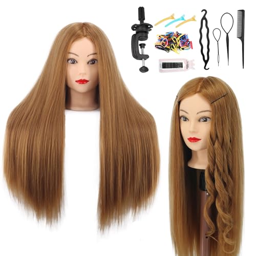 Mannequin Head Human Hair, 80% Real Hair 26-28" Cosmetology Mannequin Head Hair Styling Hairdressing Practice Training Doll Heads with Clamp Holder and Tools (#27 Light Brown)