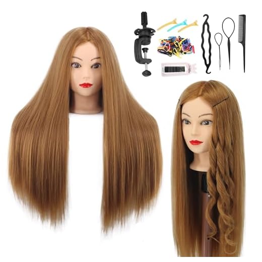 Mannequin Head Human Hair, 80% Real Hair 26-28" Cosmetology Mannequin Head Hair Styling Hairdressing Practice Training Doll Heads with Clamp Holder and Tools (#27 Light Brown)