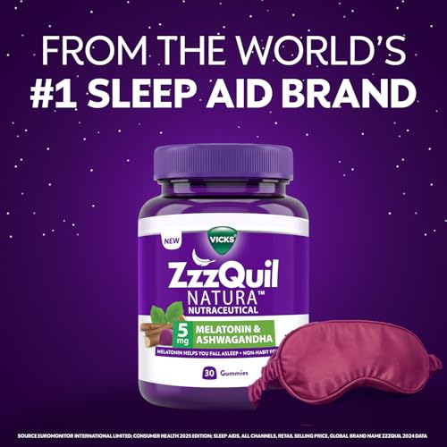Image of Vicks ZzzQuil Natura Sleep Gummies (Pack of 30) 5mg Melatonin with 50mg Natural Ashwagandha, Helps You Fall Asleep, Non-Habit Forming, Strawberry Flavor, Pure Vegetarian, Sealed Jar