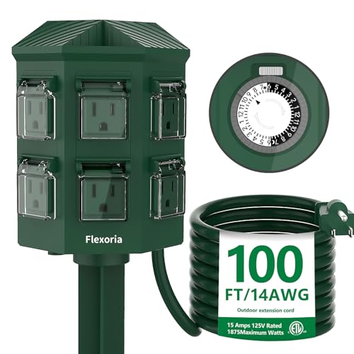 Flexora Outdoor Power Strip with 24-Hour Mechanical Timer, 100 FT Extension Cord Waterproof, 6 Grounded Outlets for Graden and Yard Decorations, ETL Listed
