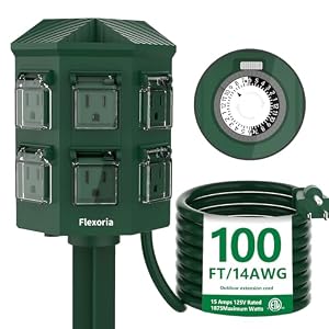 Flexora Outdoor Power Strip with 24-Hour Mechanical Timer, 100 FT Extension Cord Waterproof, 6 Grounded Outlets for Graden and Yard Decorations, ETL Listed
