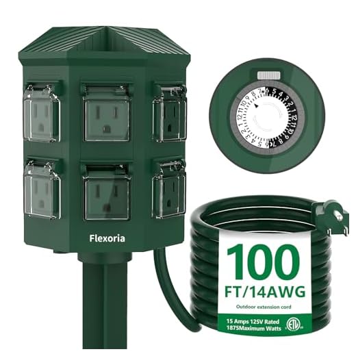 Flexora Outdoor Power Strip with 24-Hour Mechanical Timer, 100 FT Extension Cord Waterproof, 6 Grounded Outlets for Graden and Yard Decorations, ETL Listed
