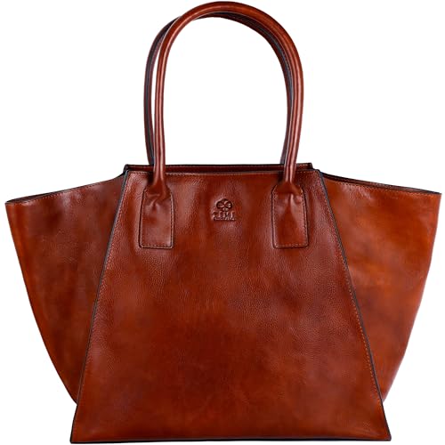 Time Resistance Leder Tote Bag – Handgefertigte Schultertasche aus Vollnarbenleder für Damen – Italienische Handtasche (Cognac-Braun)
