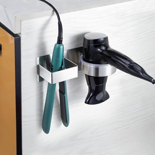 YYBO Fönhalter Ohne Bohren, Glätteisen Halterung, Föhn Halterung für Haartrockner und Glätteisen, Föhnhalter Wand, Haartrocknerhalter Wandhalterung, Selbstklebend Fönhalterung für Bad Hotel (Silber) 5