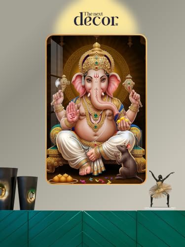 Image of The Next Decor Shri Ganesh Ji | Glass Finish Ganesh Ji Wall Art | Ready to Hang | Vastu | Pooja Room Gift | Living Room Bedroom | Size: 18x12 Inches