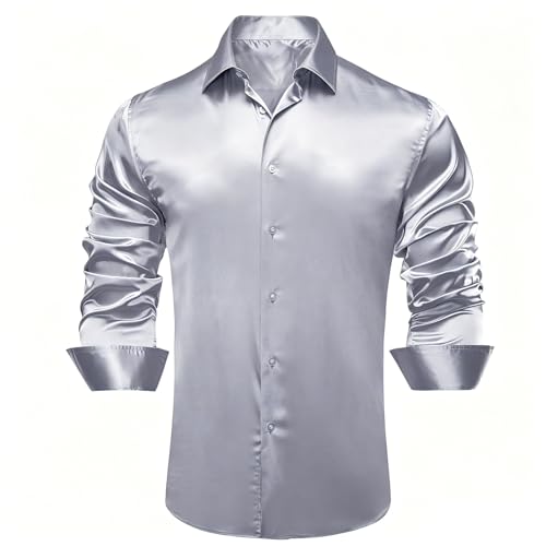 Image of Hi-Tie Men's Silk Satin Dress Shirts Long Sleeve Shiny Casual Button Up Shirts Luxury Party Disco Prom Wedding Shirt