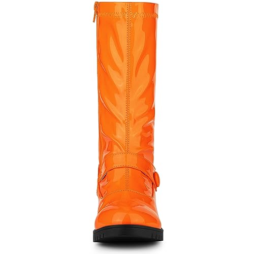 Allegra K Women's Mid Calf Boots Chunky Heels Patent Leather GO GO Boots2