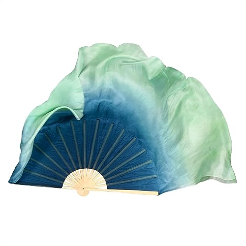 YLWX Abanico De Baile De Seda, Abanico De Mano De Doble Cara, Danza Clásica China Yangko, Abanico Plegable De Seda Redondo Grande, Tela De Mano (Color : Blue-Green, Size : 31cm-40cm)