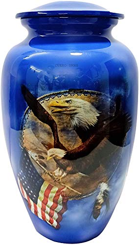 hlc Flying Eagle USA Flag Blue Cremation Urn for Human Ashes - Adult Funeral Urn Handcrafted - Urn for Ashes (Adult (200 lbs) – 10.5 x 6 “, Flying Eagle Holding USA Flag Blue Cremation Urn)
