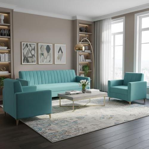 Image of Marvello 3+1+1 Fabric Sofa Set for Living Room | Soft Velvet Upholstery, Sturdy Wooden Frame | Stylish Sofa for Hall & Office Spaces (Sky Blue)