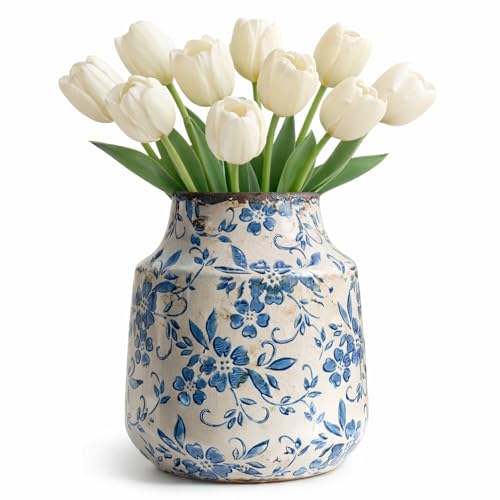 SincereLuxe Blue and White Ceramic Vase Decorative Pottery Flower Vase for Tulips Vintage Crackle Glaze Vase for French Country Chinoiserie & Cottage Farmhouse Shelf Mantel Table Decor