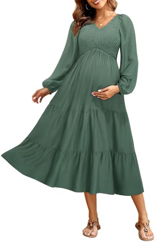 Maternity Dress Fall Baby Shower Long Sleeve Photoshoot Wedding Guest Christmas Pregnancy Gray Green Midi Flowy Dresses
