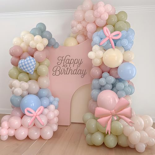Image of Goose Balloon Arch Kit Pastel Pink Blue Sage Green Balloons Garland Bow Gingham Heart Foil Balloon One Silly Goose Birthday Party Decorations Girl Dusty Pink Blue Yellow Duck Baby Shower Gender Reveal