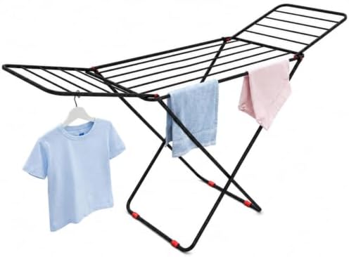 LiMETRO STEEL Foldable Clothes Drying Stand for Balcony & Indoor Use | Heavy Duty Mild Steel Laundry Rack | Space Saving Folding Cloth Dryer Stand | Black