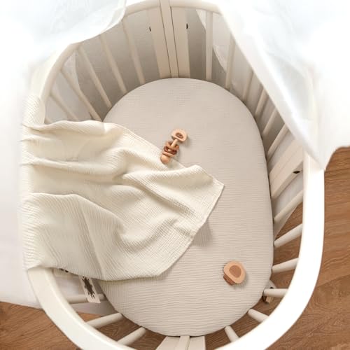 Image of lulumoon Baby Muslin Bassinet Sheets: Cotton Bassinet Sheets Neutral for Boys and Girls - Fitted for Oval Rectangle or Hourglass