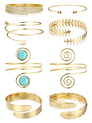 sailimue 8 Pcs Arm Cuff Upper Arm Band Cuff Bracelets for Women Minimalist Simple Coil Bangle Gold Silver Adjustable Open Armlet Armband Costume Jewelry Set