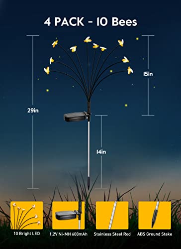 Solar Garden Lights - 4 Pack 10 Led Solar Bee Firefly Lights With 2 Lighting Mode, Sway By Wind, Waterproof Solar Decorative Lights, Solar Outdoor Lights For Yard Patio Walkway Decoration, Warm White #TOP6
