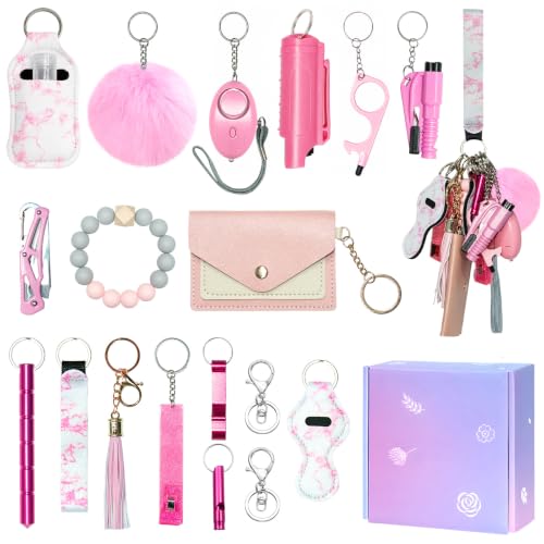 Jsngbse Safety Keychain Set for Women Wristlet Keychain for Women with Bottle Opener Card Holder Wristlet Strap Whistle Travel Bottle Holder Bracelet Safety Keychains for Accessories Kit