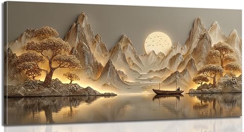 3D Texture Large Landscape Sunrises Sunset Canvas Wall Art Abstract Mountains Lake Tree Painting Picture Wall Decor Modern Nature Scenery Poster Print Artwork for Living Room Office Home Decoration