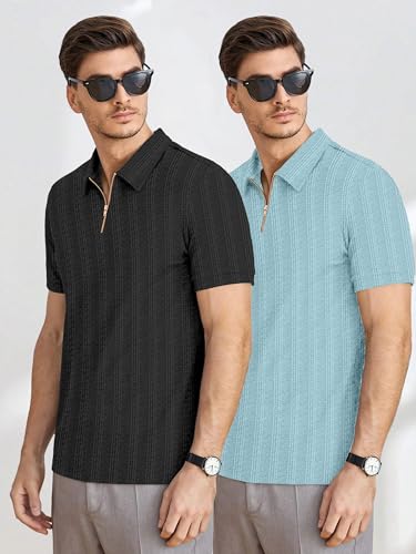 Image of COMBRAIDED Men's Polo Neck Textured Polycotton Short Sleeve T-Shirt - Casual Regular Fit for Daily Comfort & Style