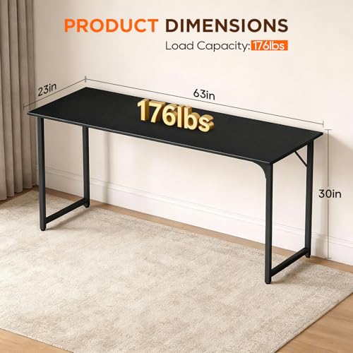 Image of PayLessHere | 63 Inch Computer Desk | Black | Office Desk with Metal Frame, Adjustable Feet | Water-Resistant, Scratchproof Surface | Sturdy Writing Table for Home Office or Study | Pack of 1