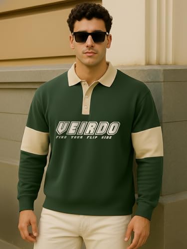 Image of Veirdo Men's Loopknit Cotton Oversized Baggy Fit | Full Sleeve Polo T-Shirt | Casual Streetwear with Ribbed Cuffs Travel | Sizes: S to XXL
