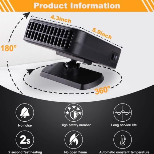 차량용 히터, 12V 200W 휴대용 2-in-1 디프로스터 및 디포거, 자동차 해동 윈드실드 히터 플러그인 자동차 히터 윈드실드 디포거 360° 회전 베이스 포함(오렌지) — 사진 7