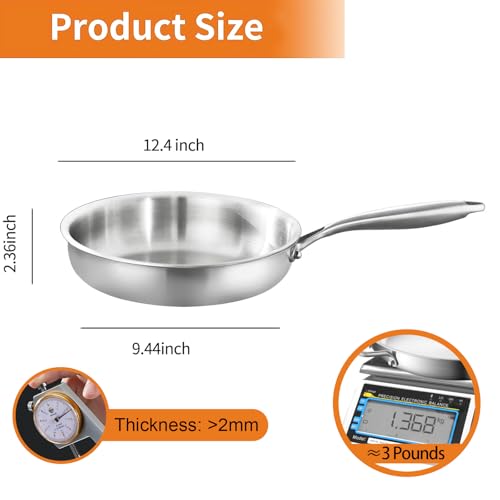 DELARLO Tri-Ply Stainless Steel Frying Pan, All Cooktops Compatible Up to 600℉, Oven Safe Induction Skillet, 12.5 inch Non toxic Cooking Surface, Fast & Even Heat, Durable Cookware