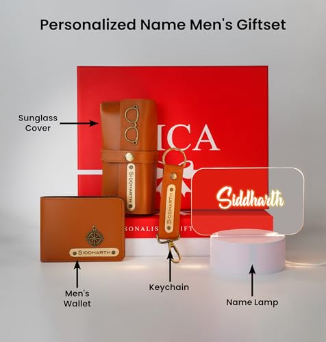 Image of AICA Personalized Name & Charm Leather Wallet Mens Combo & Led Lamp Giftset (Tan Brown) | Customized Birthday Anniversary Wedding Gifts for Brother Husband Father Boyfriend Boy Friend | Gifts Hamper
