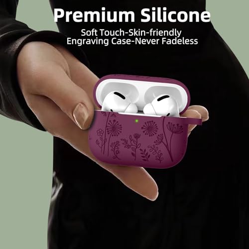 Lerobo Purplish Red Silicone Case for AirPods Pro 2/1 2023/22/19, Floral Engraved Protective Cover with Keychain, Portable Electronic Device Cover by Lerobo - Used condition - Image 4