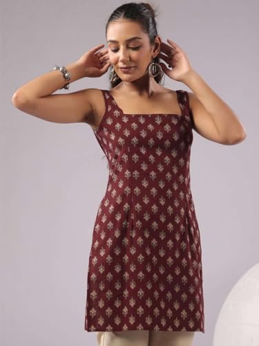 Image of Rimeline Women's Printed Cotton Sleeveless Square Neck Kurti Top | Straight Fit Ethnic Casual Tunic