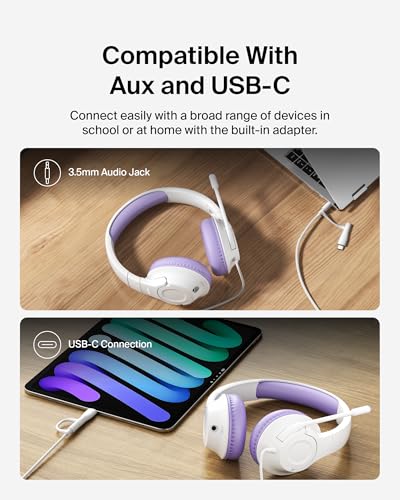 Image of Belkin SoundForm Inspire Wired Over-Ear Headset for Kids, Online Learning & Travel w /Built-in Boom Mic, 85dB Safe Volume Limit - USB-C & 3.5mm - Compatible w /iPhone, iPad, Galaxy & More - Lavender