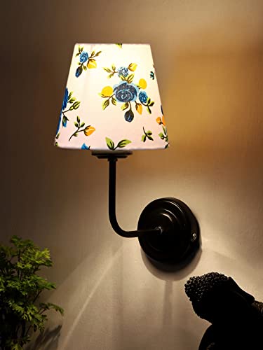 Image of Wall Sconce Wall Lamp (H-10 Inches, Blue Floral) for Living Room /Bedroom, Hall, Study, Kids Room, Home Office, Balcony Decor | Black Metal Finish, Modern Indoor Wall Night Ambient Lighting