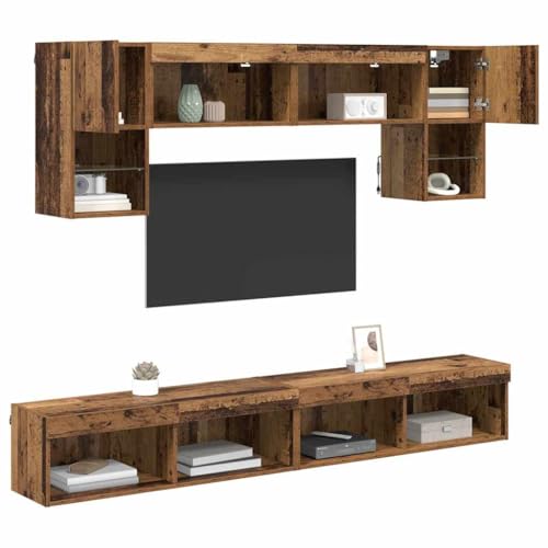 vidaXL Unidades de TV de Pared con LED 6 pcs Madera Vieja, Sala Moderna, Unidad Rectangular para TV, Consola Duradera, Amplio Almacenamiento, Mueble de Pared