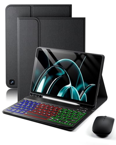 SAMTUNK for Amazon Fire HD 10/10 Plus Case with Keyboard (11th/13th Generation, 10.1 inch) - Rainbow Backlit Keyboard Case - Built in Pencil Holder with Mouse - Black