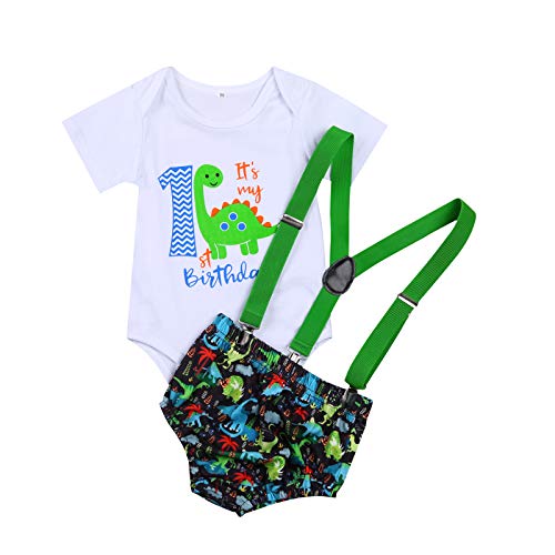 Infant Newborn Baby Boy My First Birthday Dinosaur Romper Tops+ Suspenders Short Pant Outfits Summer Cothes Sets (A-Dinosaur,9-12Months)