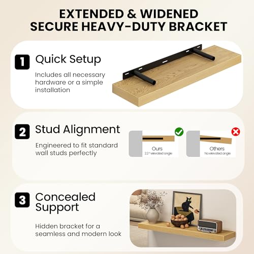 Image of Fun Memories 32Inch Floating Shelves for Wall, 8 Inch Deep Shelves for Bathroom|Bedroom|Kitchen Wall Mounted, Wood Hanging Shelf with Invisible Brackets for Home Storage Decor, Oak - 2 Pack