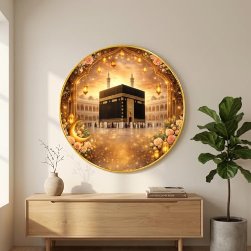 Image of SAF Islamic Kaaba Round Wall Painting with Premium PVC Golden Frame, Makkah Mosque Floral Crescent Design, Muslim Religious Home Decor for Prayer Room (16 x 16 Inch) GRM-425