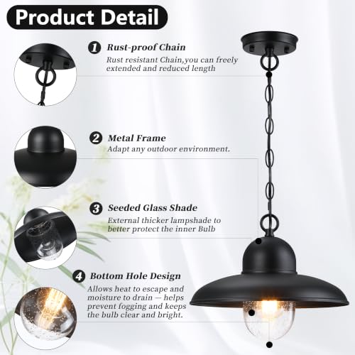 Image of 12 inch Outdoor Pendant Light with Adjustable Chain and Bubble Glass | Max 59 inch Adjustable, Die-cast Aluminum, Waterproof, Rust-resistant, Fits Sloped Ceilings, Easy to Install, Hardwired, E26 Base