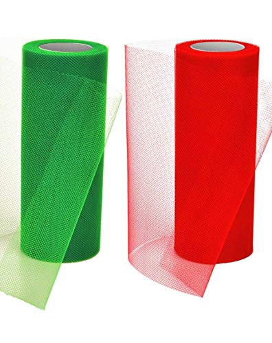 Present Avenue Christmas Tulle Netting Set | Pack of 2 in Emerald Green and Red 6 inch by 25 Yard Each