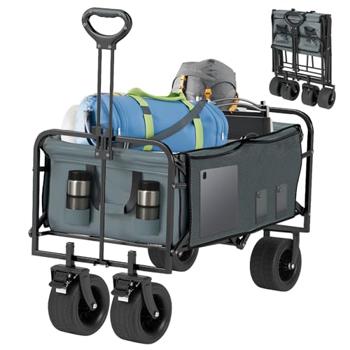 Folding Camping Trolley with All-Terrain Extra Wide Wheels & Brakes, Heavy-Duty Foldable Cart 150KG/330LBS, Large Capacity 100L, Collapsible Festival Wagon for Beach, Garden, Shopping (Grey)