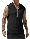 JMIERR Men's Fashion Sleeveless Hoodie Tank Tops Quarter Zip Pullover Vest Casual Slim Fit Muscle Hooded Tee Shirts for Summer Beach and Streetwear, L, Black
